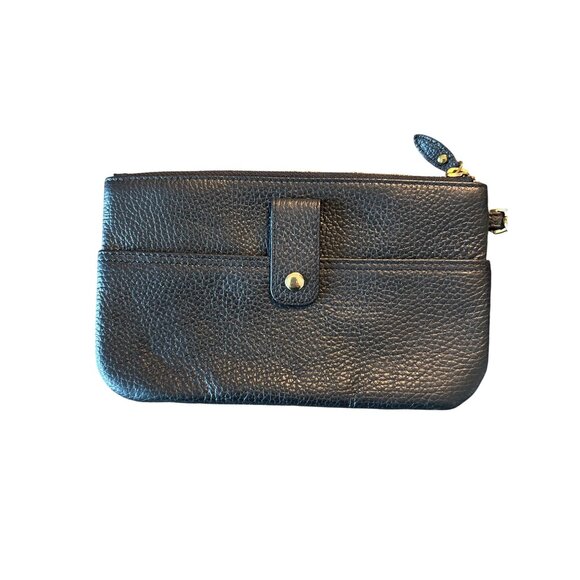 Lodis Wristlet Black Pebbled Leather 5" X 8" Wallet Goldtone With Strap - Picture 2 of 8